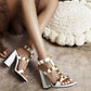 White Rivet Chunky Heel T-Strap Sandals