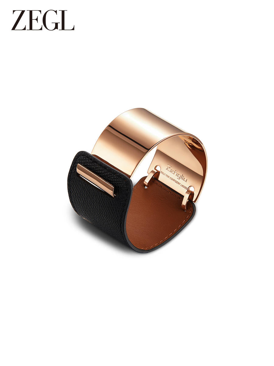 Rose gold contrast color bracelet Luxurious leather wide band wrist hoop