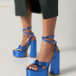 Royal Blue Metallic Python Print Platform Chunky Heel Sandals Strap Sandals