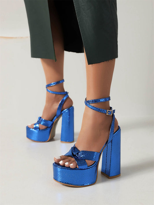 Royal Blue Metallic Python Print Platform Chunky Heel Sandals Strap Sandals