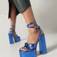 Royal Blue Metallic Python Print Platform Chunky Heel Sandals Strap Sandals