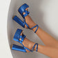 Royal Blue Metallic Python Print Platform Chunky Heel Sandals Strap Sandals