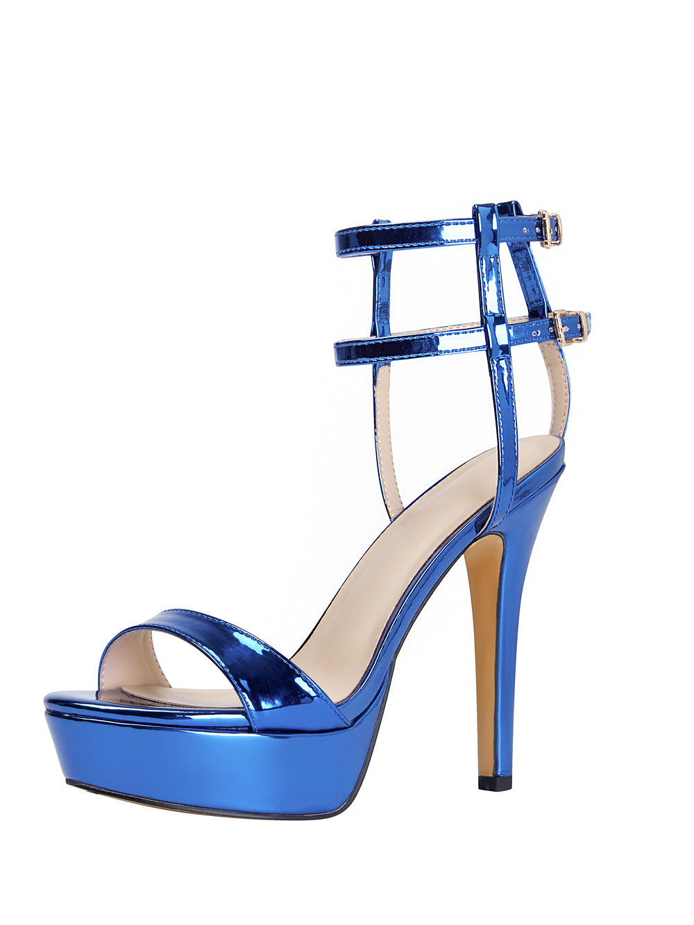 Royal Blue Mirror Vegan Leather Platform Stiletto Heel Ankle Strap Sander