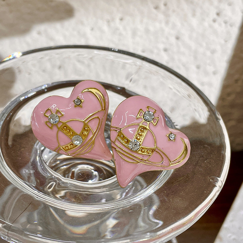 S925 Silver Needle Retro Sweet Pink Enamel Drop Glaze Love Earrings