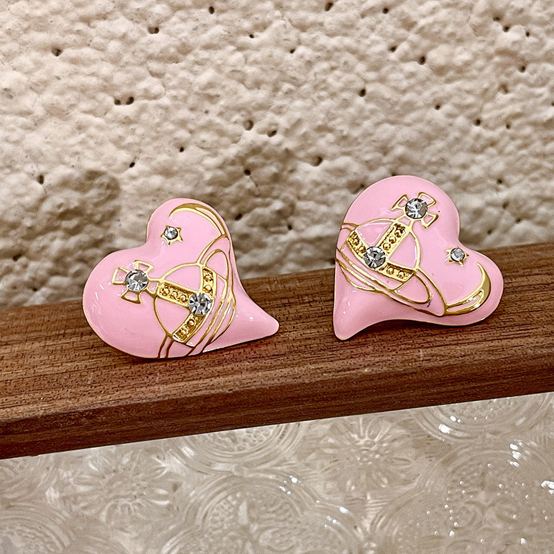 S925 Silver Needle Retro Sweet Pink Enamel Drop Glaze Love Earrings