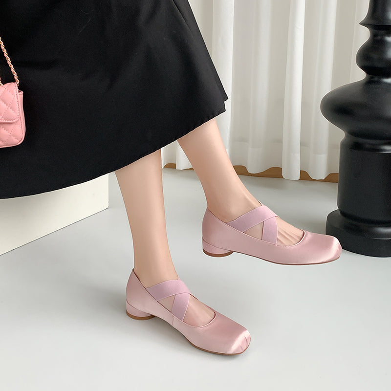 <tc>Pink Retro Silk Cross Strap Ballet Flat Shoes Mary Jane Shoes</tc>