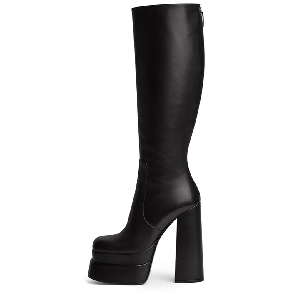 Sexy Black Platform Knee High Boots Chunky Heel Long Boots With Zipper for Ladies