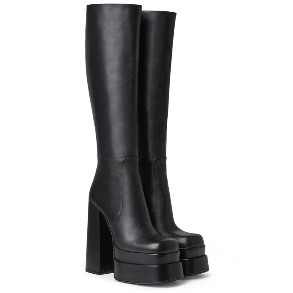 Sexy Black Platform Knee High Boots Chunky Heel Long Boots With Zipper for Ladies