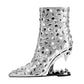 Silver Animal Tooth Design Rhinestone Pointed Toe Ankle Boots