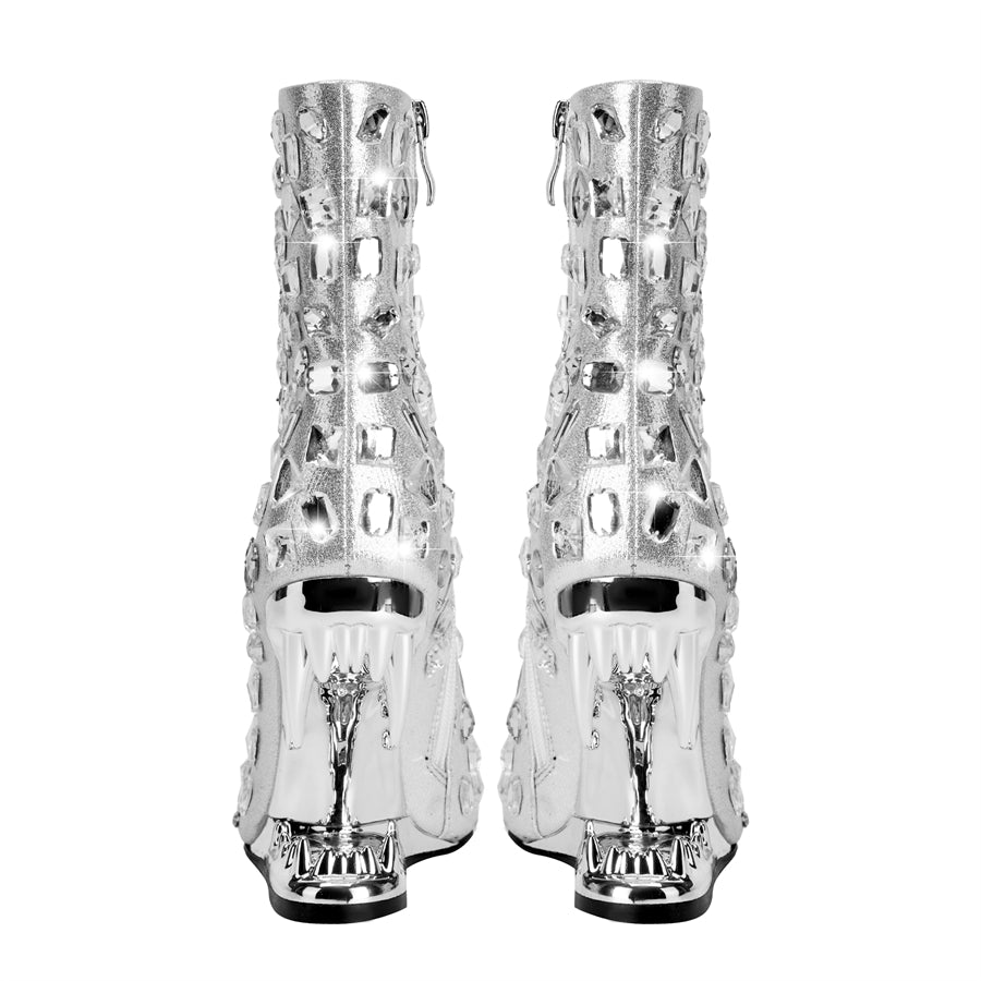 Silver Animal Tooth Design Rhinestone Pointed Toe Ankle Boots