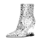 Silver Animal Tooth Design Rhinestone Pointed Toe Ankle Boots