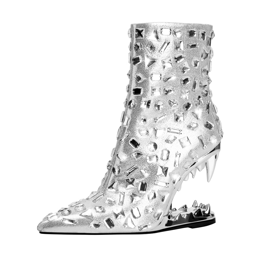 Silver Animal Tooth Design Rhinestone Pointed Toe Ankle Boots