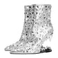 Silver Animal Tooth Design Rhinestone Pointed Toe Ankle Boots