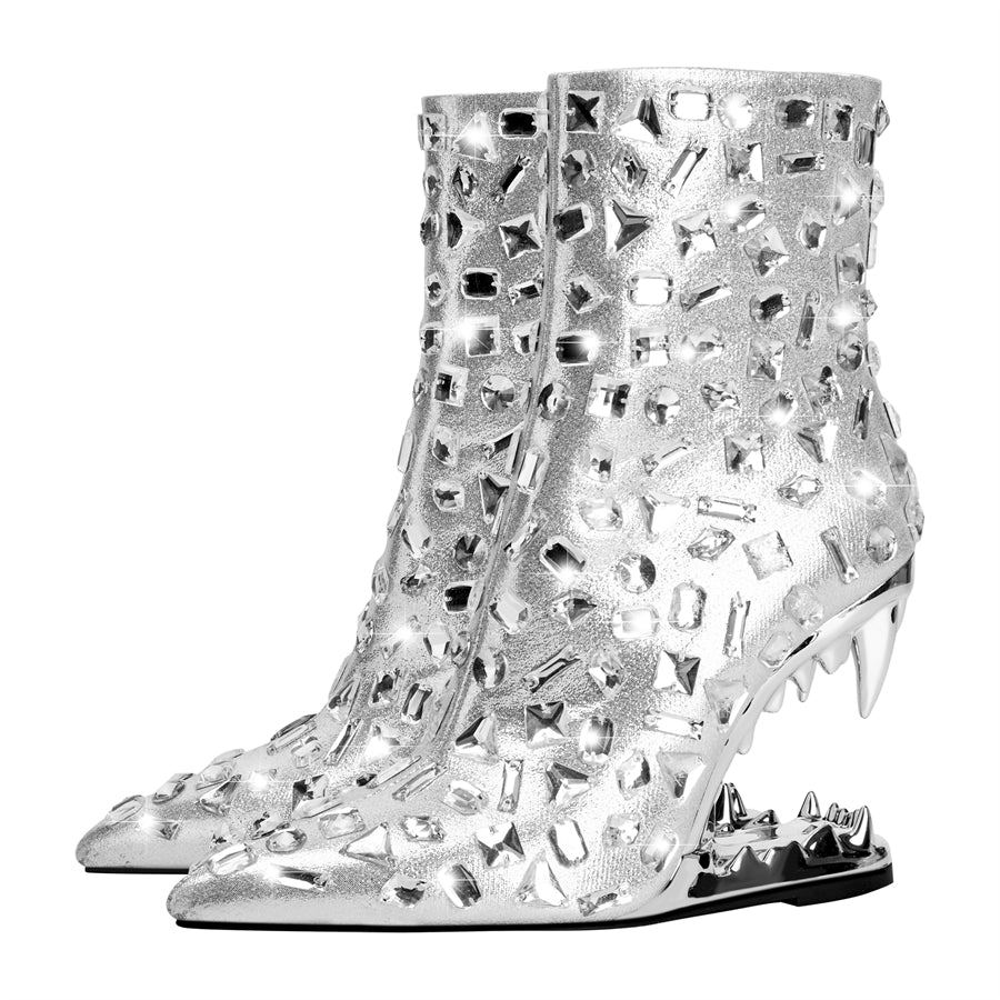 Silver Animal Tooth Design Rhinestone Pointed Toe Ankle Boots