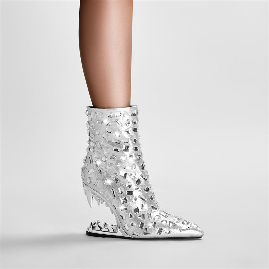 Silver Animal Tooth Design Rhinestone Pointed Toe Ankle Boots