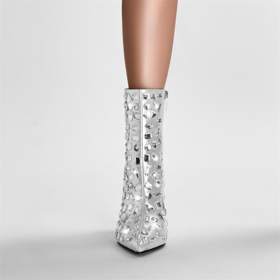 Silver Animal Tooth Design Rhinestone Pointed Toe Ankle Boots