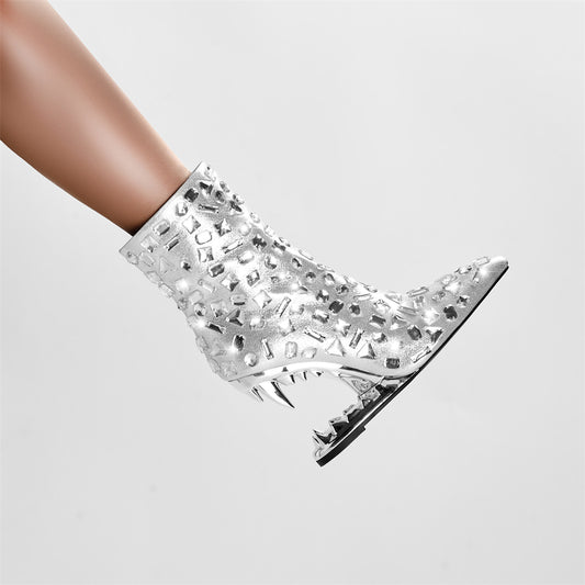 Silver Animal Tooth Design Rhinestone Pointed Toe Ankle Boots