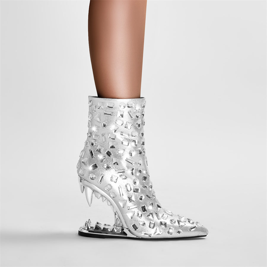 Silver Animal Tooth Design Rhinestone Pointed Toe Ankle Boots