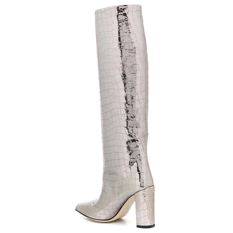 <tc>Silver Croc Printed Chunky Heel Knee High Boots</tc>