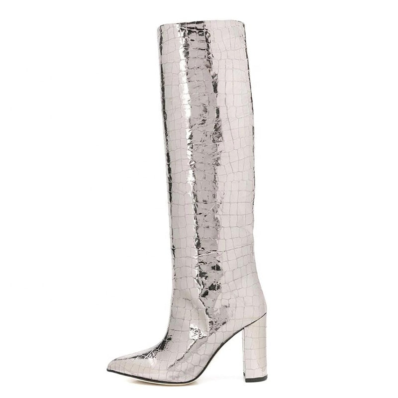 <tc>Silver Croc Printed Chunky Heel Knee High Boots</tc>