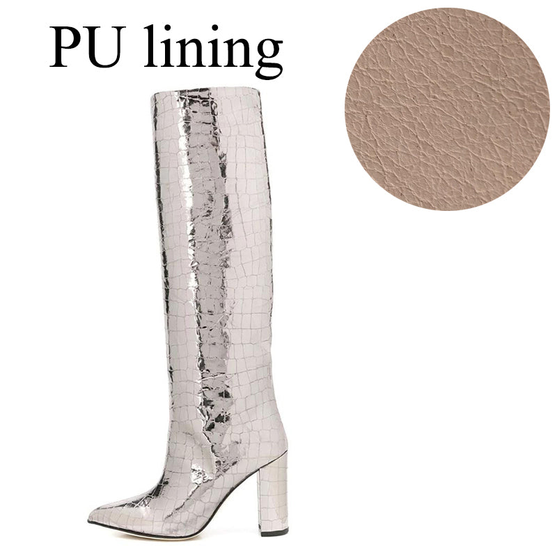 <tc>Silver Croc Printed Chunky Heel Knee High Boots</tc>