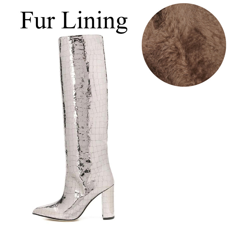 <tc>Silver Croc Printed Chunky Heel Knee High Boots</tc>