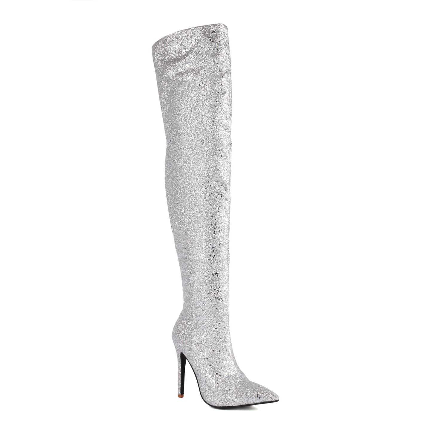 Over-the-knee boots with pointed toe stiletto heels and silver glitter