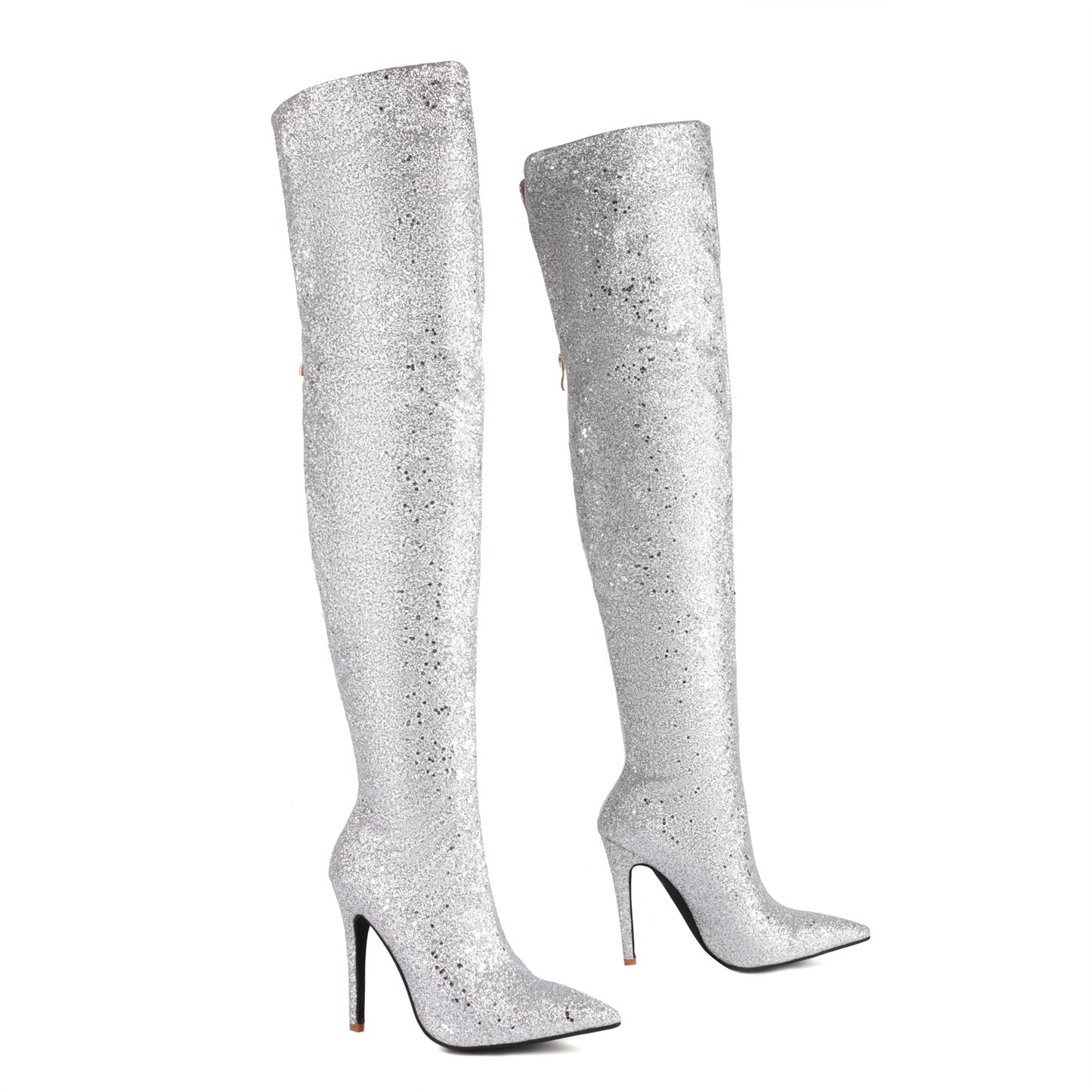 Over-the-knee boots with pointed toe stiletto heels and silver glitter