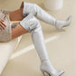 Over-the-knee boots with pointed toe stiletto heels and silver glitter