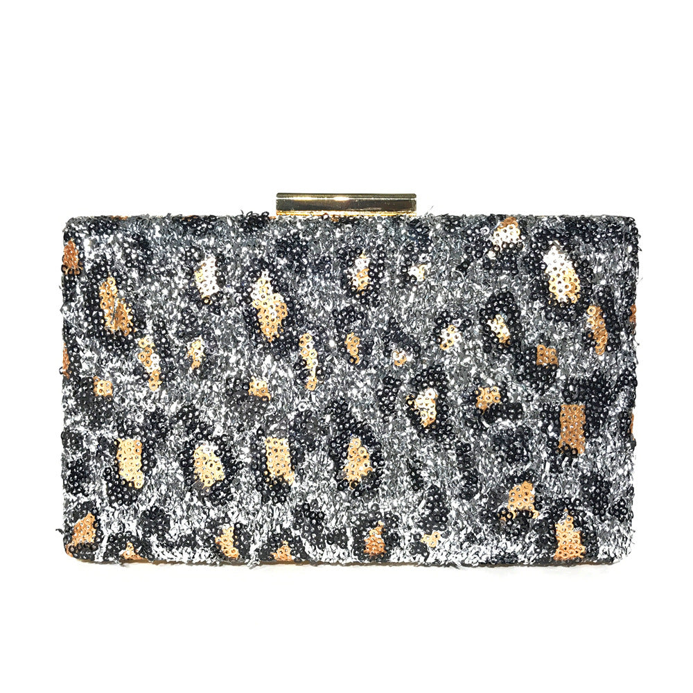 Silver Leopard Print Sequence Beaded Clutch Evening Bag