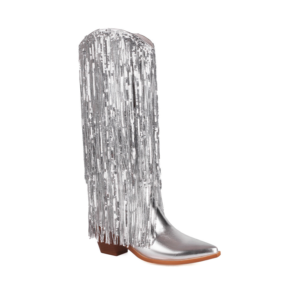 Silver metallic vegan leather fringe block heel western cowboy boots