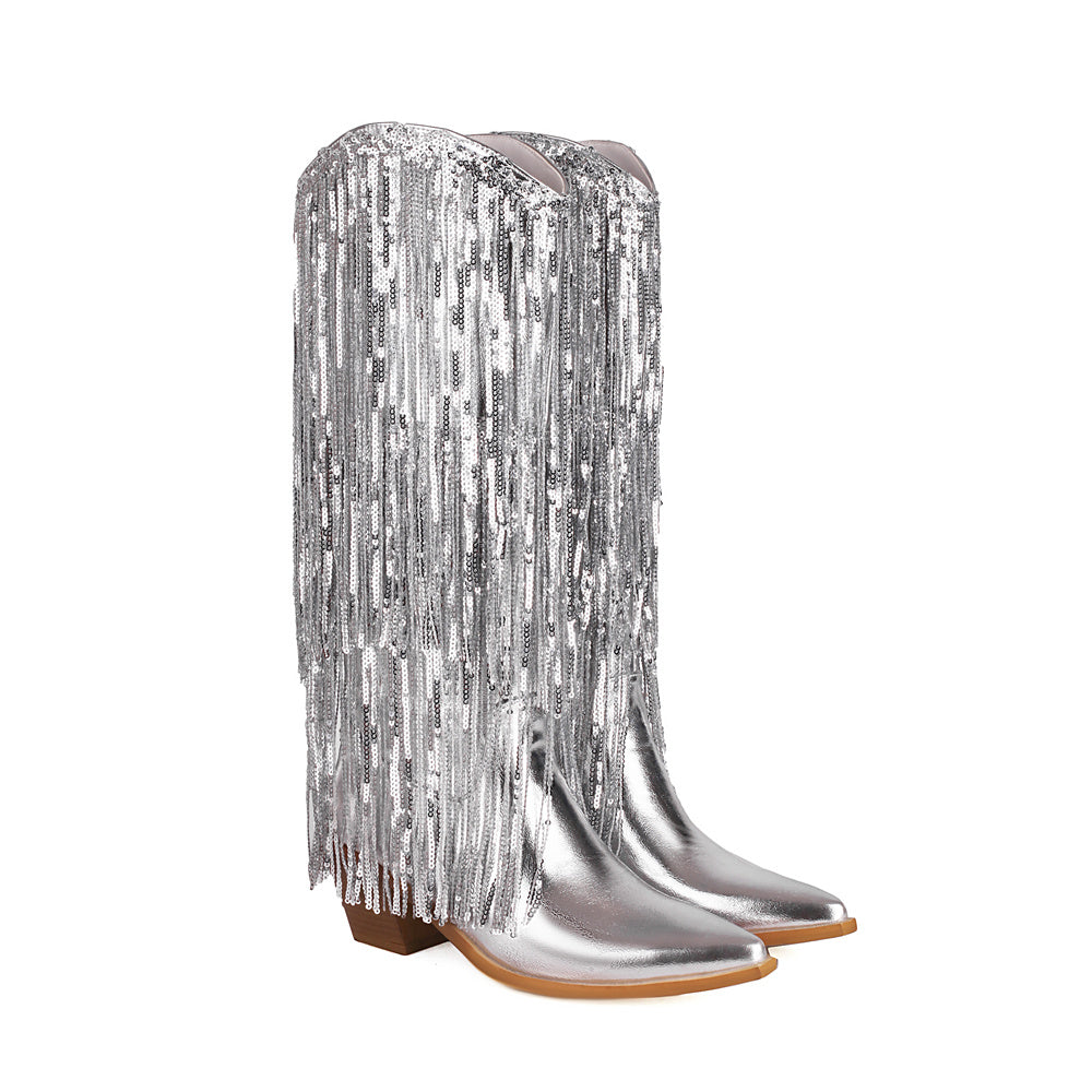 Silver metallic vegan leather fringe block heel western cowboy boots