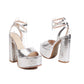 Silver Open Toe Chunky Heel Platform Sandals Party Strap Sandals