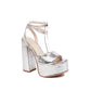 Silver Open Toe Chunky Heel Platform Sandals Party Strap Sandals