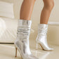 Silver Python Pointed Toe Stiletto Heel Ankle Boots Slouch Bootie