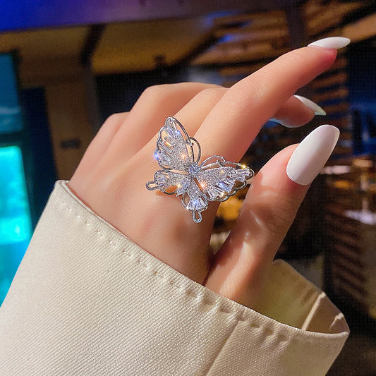 Silver Rhinestone Butterfly Ring