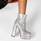 Silver Rhinestone Frame Platform Square Toe Chunky Heel Ankle Booties