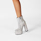 Silver Rhinestone Frame Platform Square Toe Chunky Heel Ankle Booties