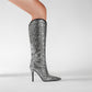 Silver Rhinestone Stiletto Heel Knee-High Boots