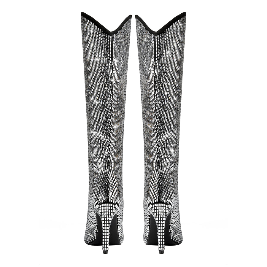 Silver Rhinestone Stiletto Heel Knee-High Boots