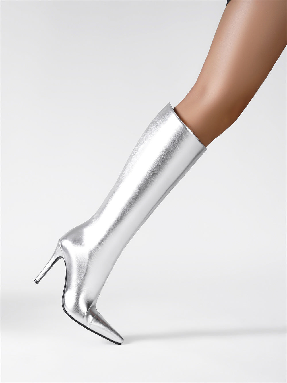 Silver vegan leather pointed-toe stiletto-heel knee-high boots