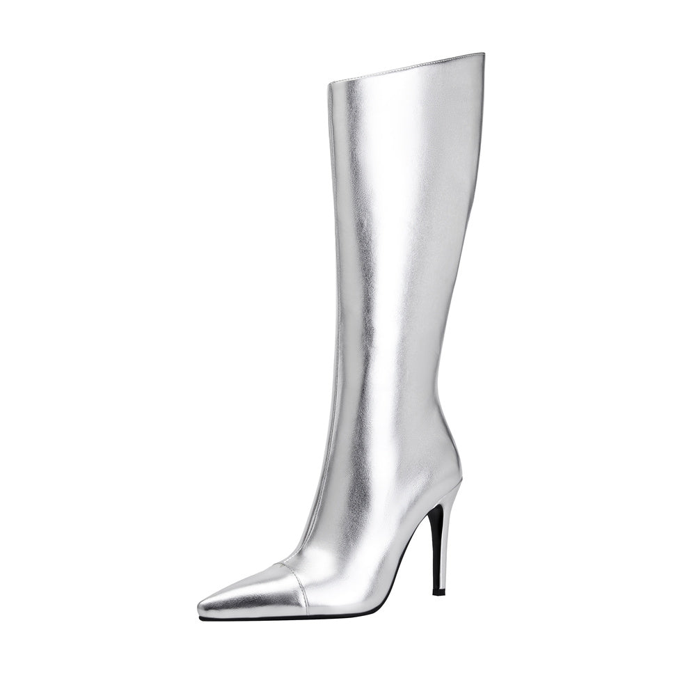 Silver vegan leather pointed-toe stiletto-heel knee-high boots