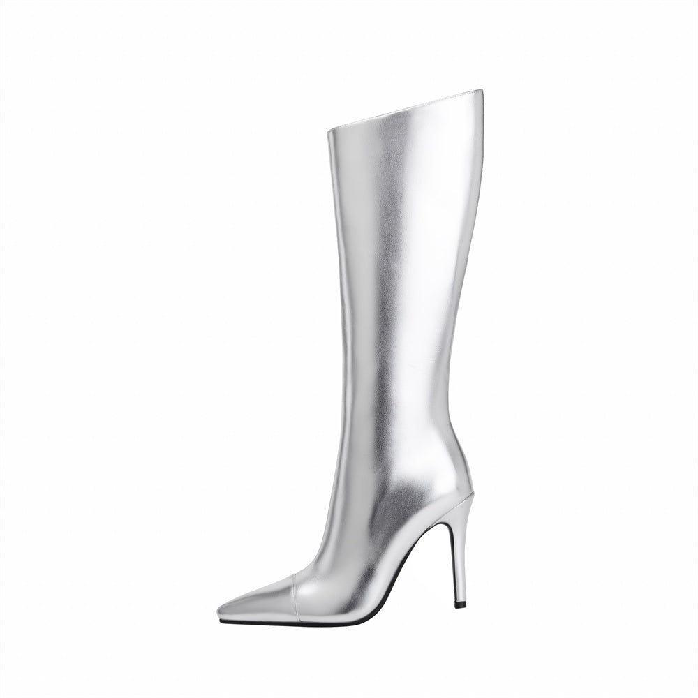 Silver vegan leather pointed-toe stiletto-heel knee-high boots