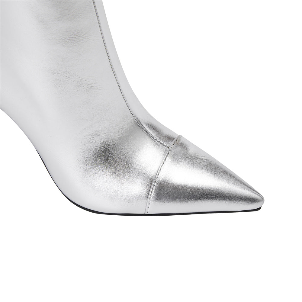 Silver vegan leather pointed-toe stiletto-heel knee-high boots