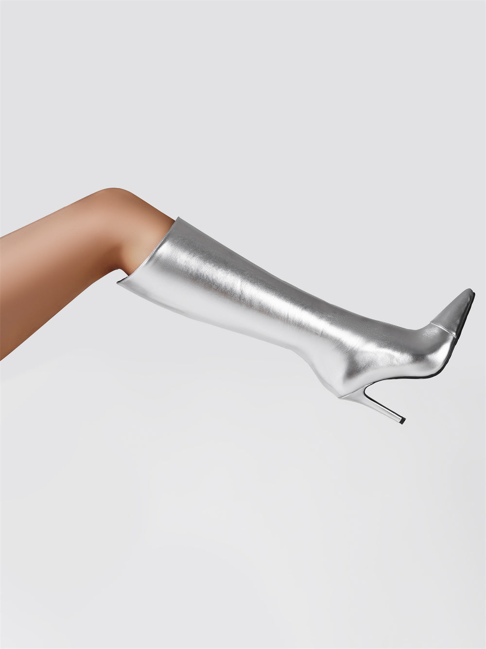 Silver vegan leather pointed-toe stiletto-heel knee-high boots