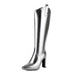 Silver Vegan Leather Square Toe Chunky Heel Cowgirl Boots Knee High Boots