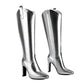 Silver Vegan Leather Square Toe Chunky Heel Cowgirl Boots Knee High Boots