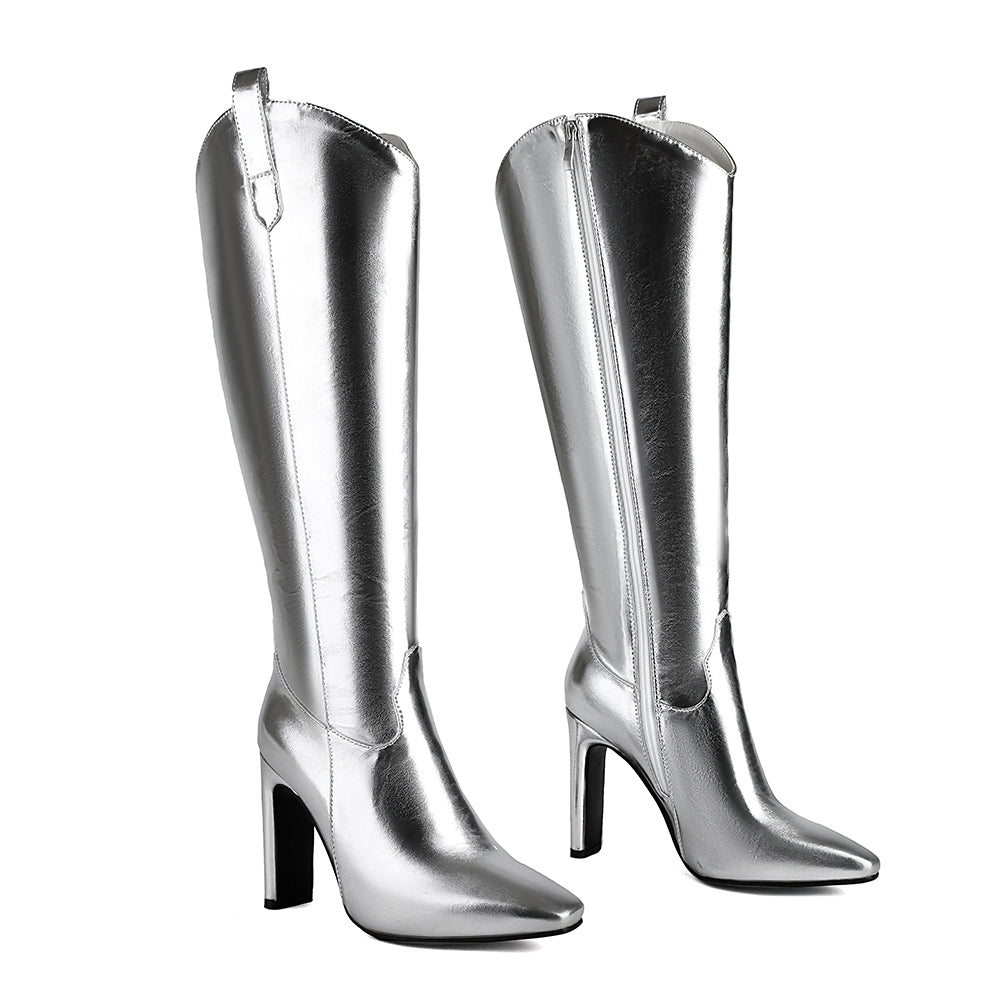 Silver Vegan Leather Square Toe Chunky Heel Cowgirl Boots Knee High Boots