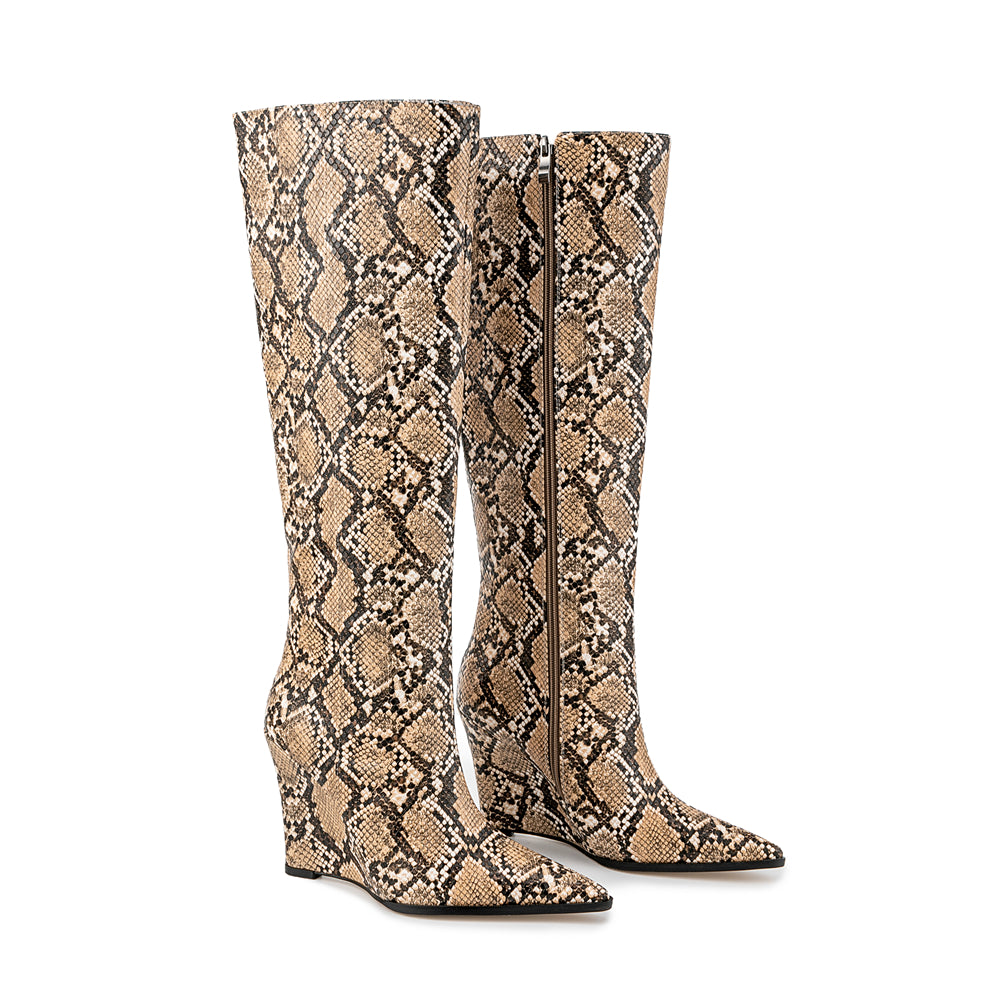 Snake pattern wedge heel pointed toe knee high boots fashionable long boots