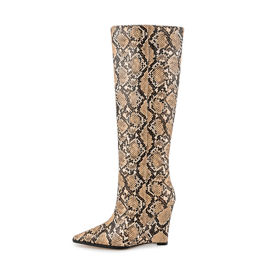 Snake pattern wedge heel pointed toe knee high boots fashionable long boots